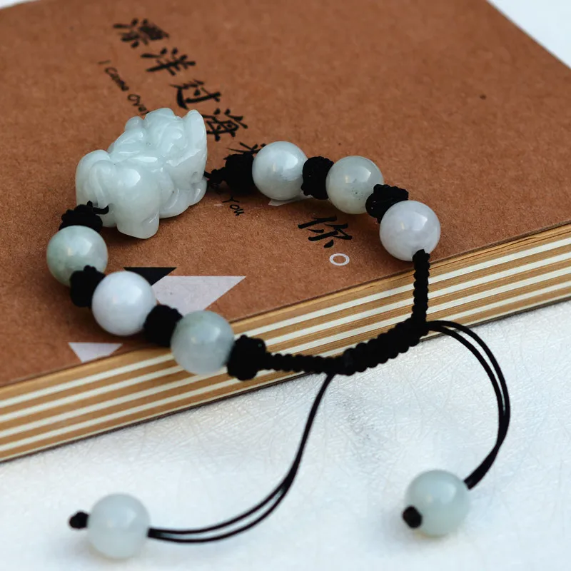 Drop Shipping AAA Natural Jadeite Bracelet Cute Handmade Weave Carved PIXIU With Round Beads Lover's Bangles Gift Jades Jewelry |