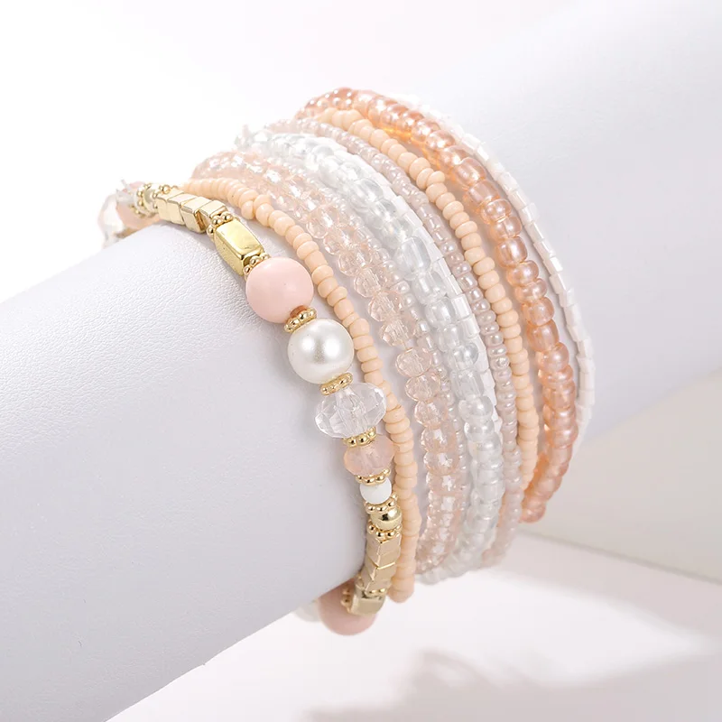 10 pcs/lot Boho Multi layer Imitation Pearl Crystal Glass Beaded Elastic Bracelets Bangles Set for Women Wedding Party Gifts|Браслеты с