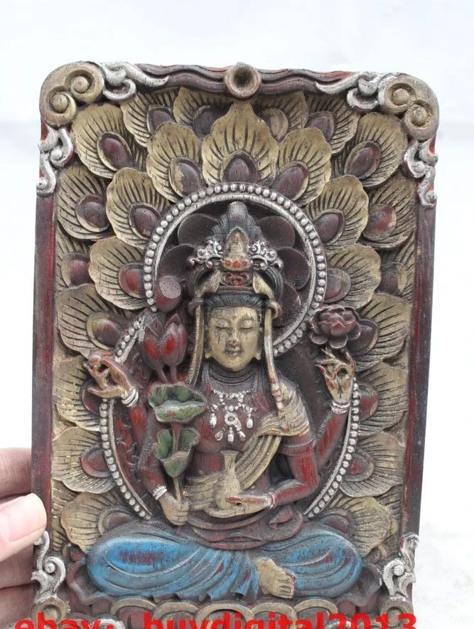 Тибетская картина по старому дереву 4 руки квань Инь Bodhisattva tangka Фреска | Статуи и скульптуры -32819043990