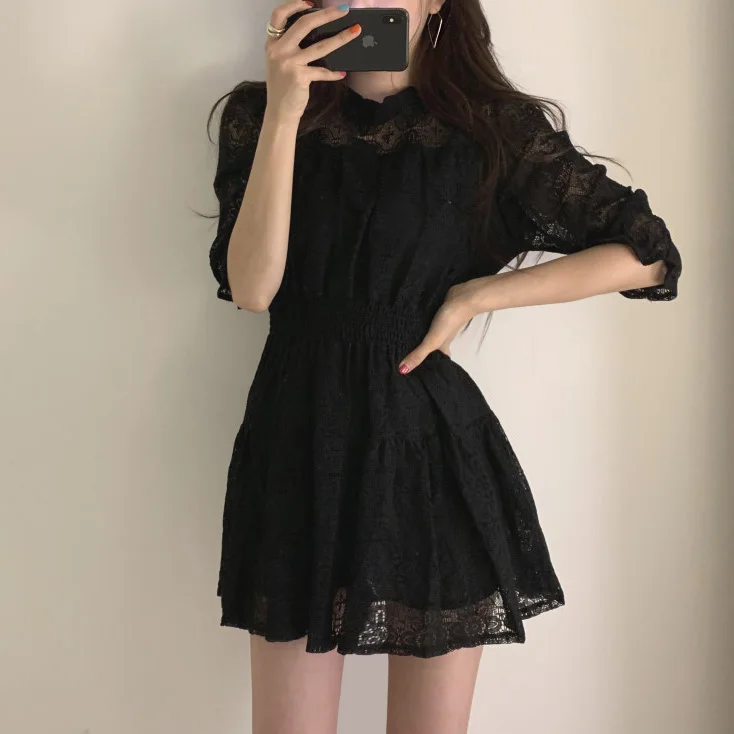 Кружевное платье, элегантное, Vestidos, лето, Vestido, черное, офисное, для женщин, корейское, мини, короткое, Harajuku, белое, ТРАПЕЦИЕВИДНОЕ, женское платье, ropa mujer