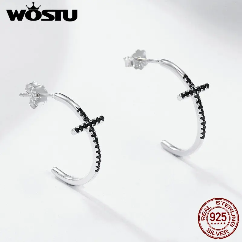 WOSTU, европейские,, 925 пробы, серебряные, классические, с крестом, черные, CZ, серьги-гвоздики для женщин, Роскошные, серебряные, хорошее ювелирное изделие, Brincos CQE262
