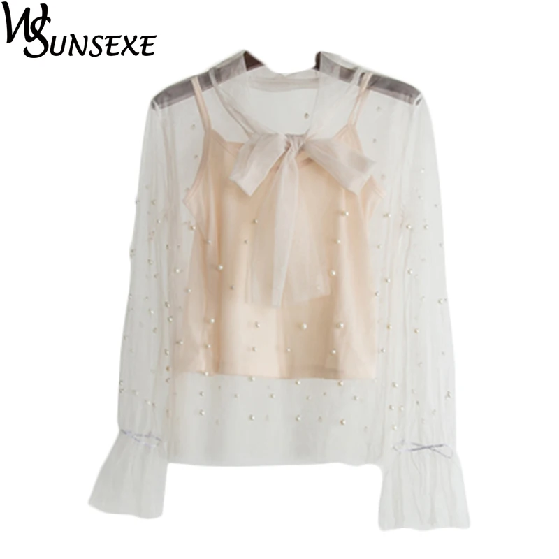 Блузка женская кружевная с длинным рукавом и бантом|lace shirts women|lace shirtshirt women |