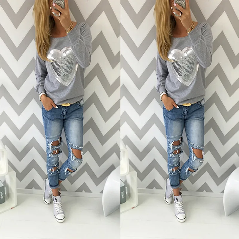 Женская весенне осенняя футболка с длинными рукавами круглым вырезом 2016