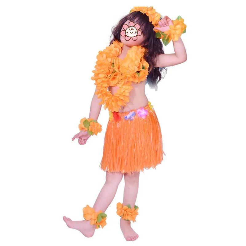 8pcs set orange Hawaii Flower Lei, повязка на голову, ожерелье с гирляндой хула, повязка на ногу, юбка с травой, бюстгальтер, детский летний праздничный костюм для девочек - Цвет: 8pcs set orange