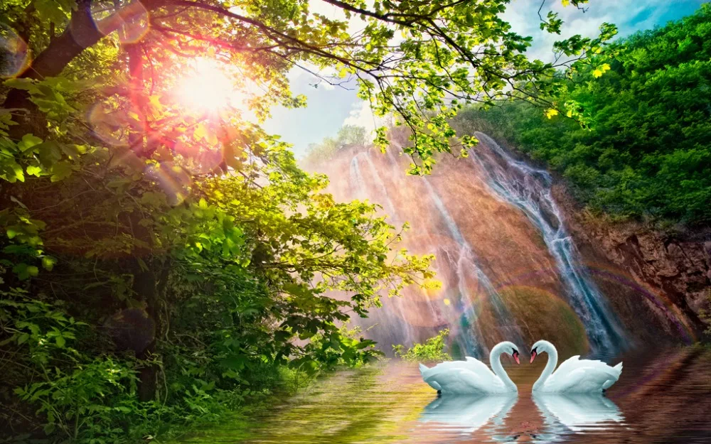 Современные шторы для гостиной &quotВодопад&quot пейзаж фото печать затемненные