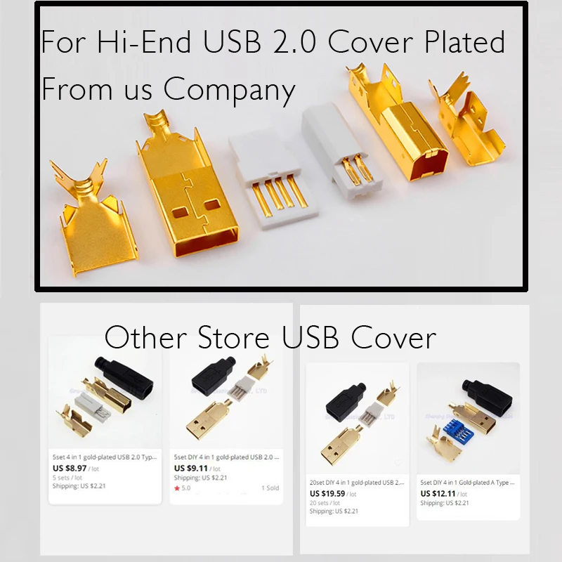 Комплект паяльных адаптеров USB A на B 24k 3U позолоченный Hi Fi кабель для