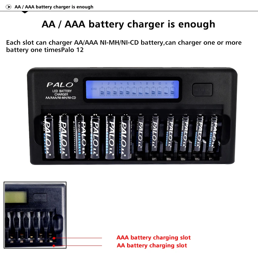 Быстрое Смарт 12 слотов нового типа зарядное устройство PALO NIMH NICD AA/AAA Smart lcd зарядное устройство для 1-12 AA или AAA NiMH NICD батарей