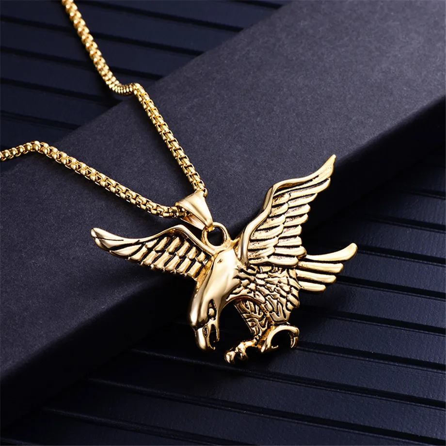 

Punk Biker Gold Color Titanium Stainless Steel Animal Eagle Hawk Wing Pendants Necklace for Men Jewelry
