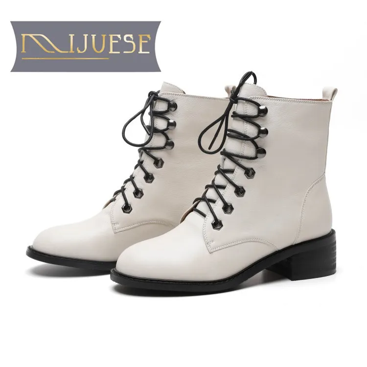 MLJUESE/женские ботильоны из коровьей кожи с круглым носком на шнуровке зимние