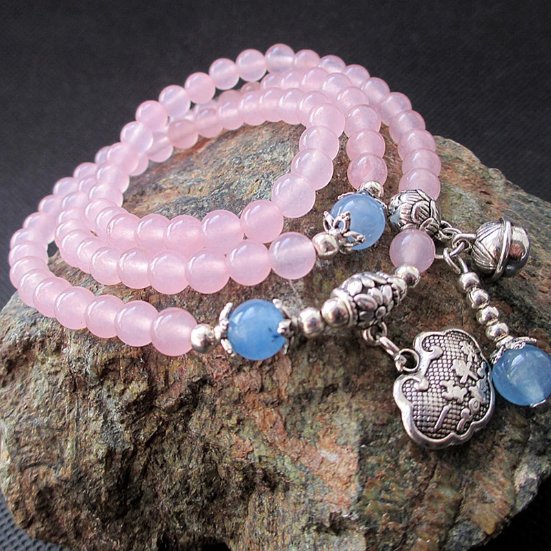 Оптовая продажа Розовый халцедон натуральный кристалл браслеты тибетское