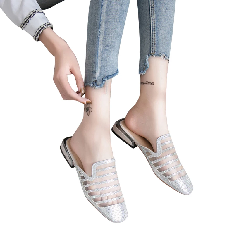 Parkside Wind Ladies Slippers Striped Flat With Crystal Mules Shoes Outside Mesh Women Slides Footwear XWA1821-5 | Обувь
