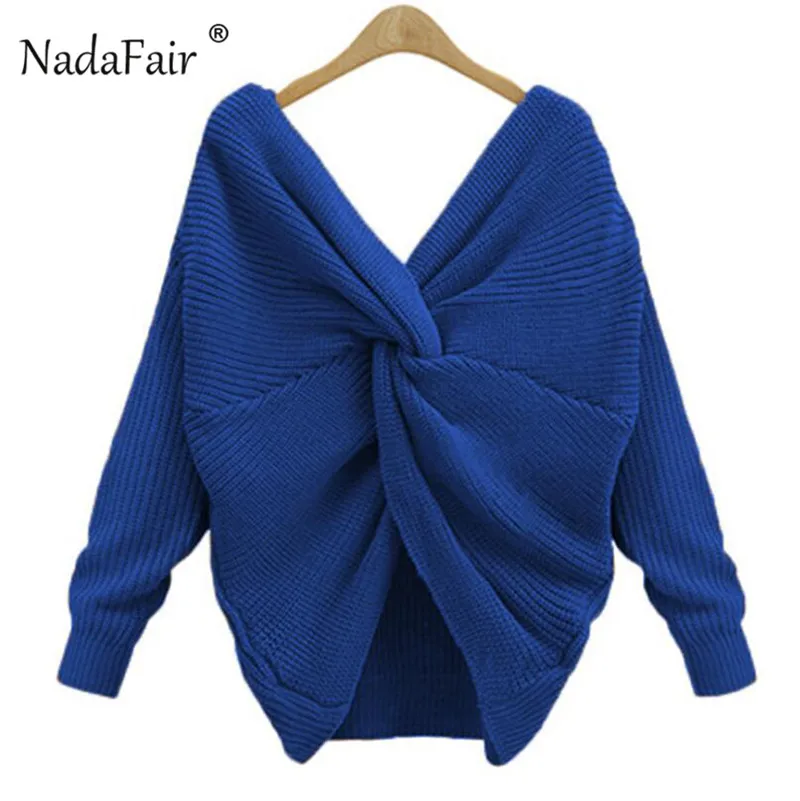 Nadafair, сексуальный свитер с открытой спиной, крест-накрест, женские пуловеры, Осень-зима, длинный рукав, однотонный Повседневный свитер, Женский вязаный джемпер