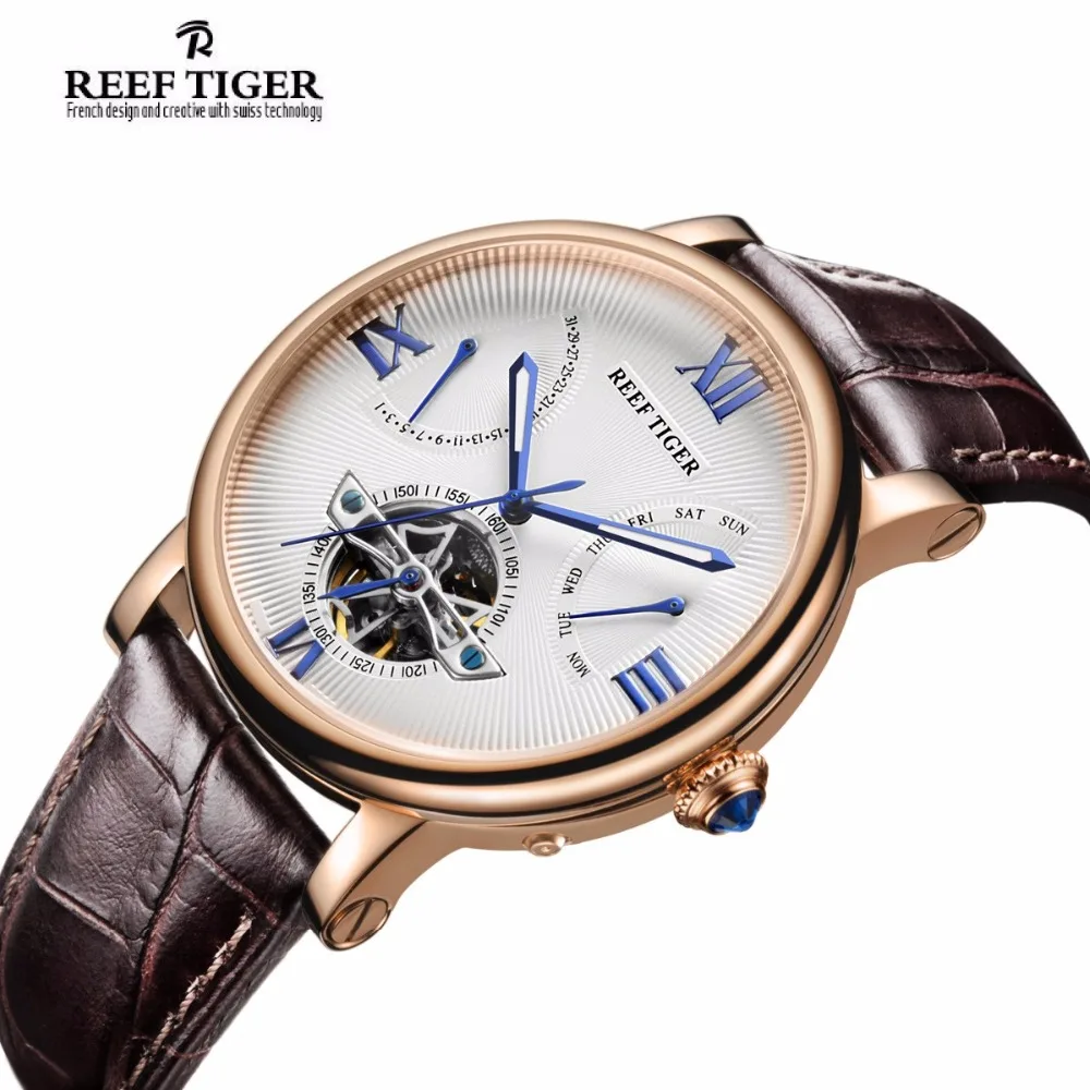 Мужские водонепроницаемые часы Reef Tiger дизайнерские швейцарские из телячьей кожи