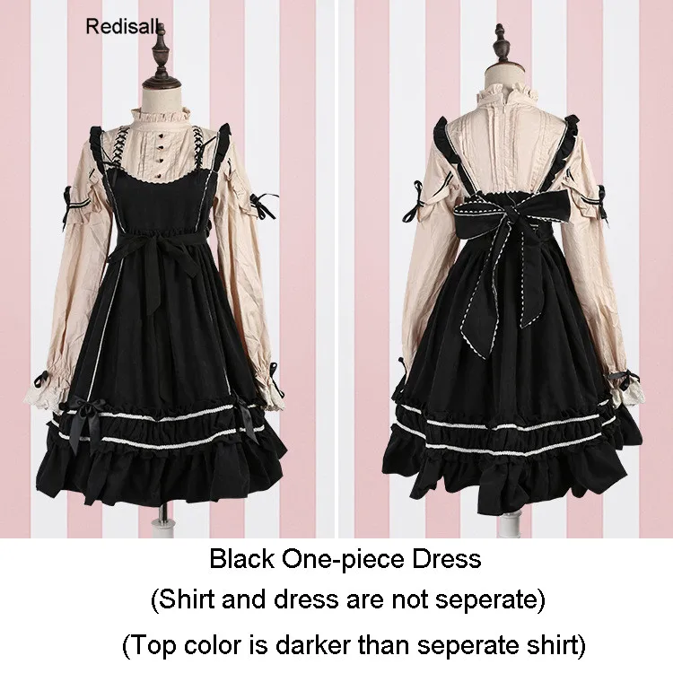 Black One-piece Dres JSK платье в стиле Лолиты, рубашки с длинными короткими рукавами, милое платье с высокой талией для девушек, платье с бантом, топ, блузка, цельнокроеное платье 1062 - Цвет: Black One-piece Dres