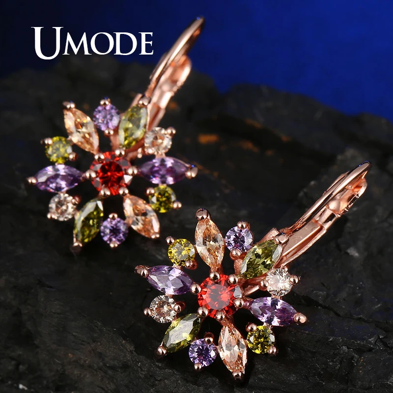 Модные висячие серьги UMODE в форме цветка золотые красочные подвески с фианитами