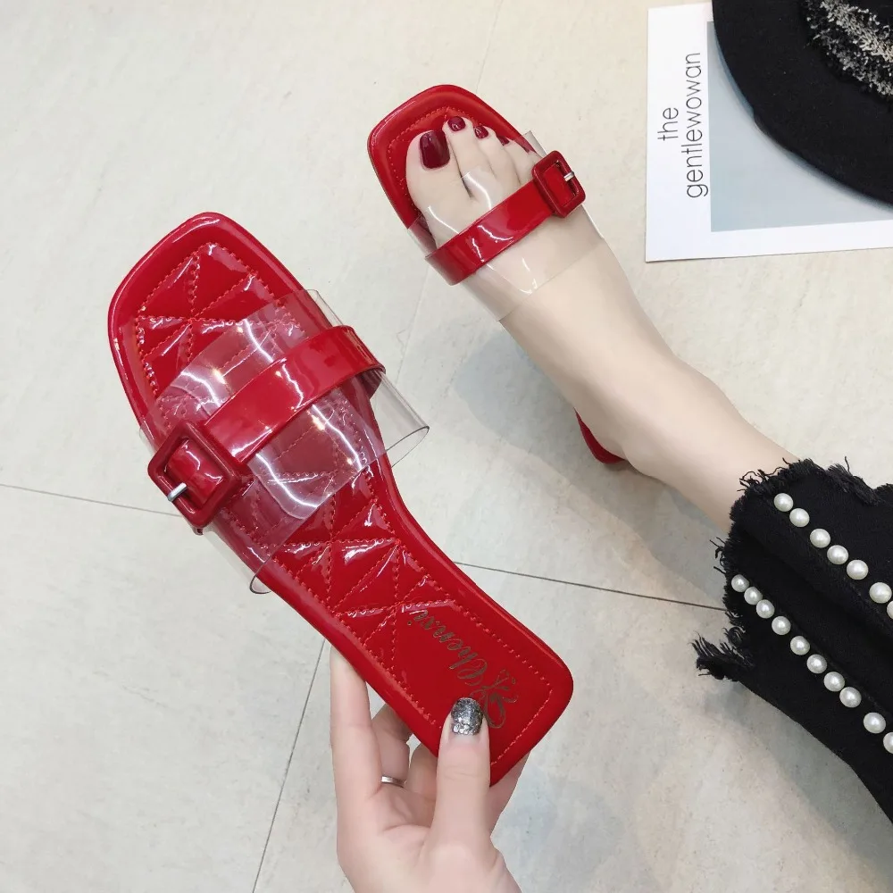 Прозрачные Пляжные шлепанцы модель 2019 года sapztos женские короткие на плоской