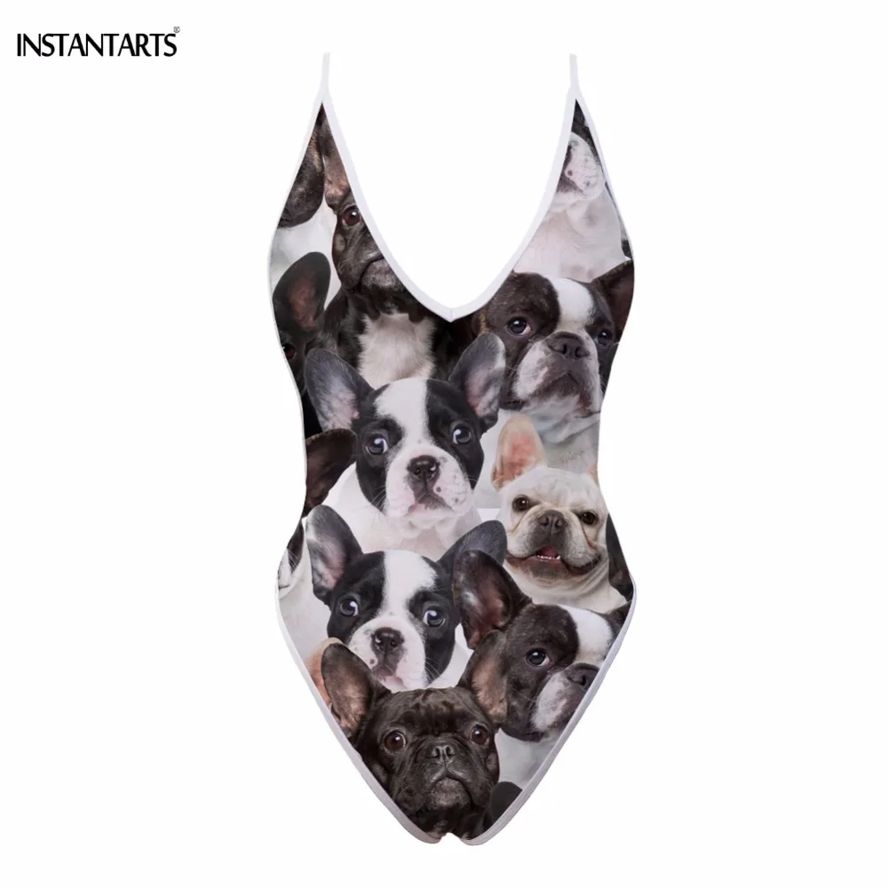 INSTANTARTS Cute Boston Terrier/French Bulldog Print Woman Sexy One Piece Swimwear Deep V Monokini Womans Summer Swimming Suits | Спорт и