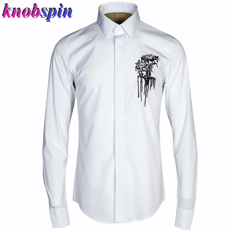 

Slim Casual Shirt men 2019 Elegant Flower Embroidery long sleeve Solid Chemise homme Brand quality Cotton Business male shirts