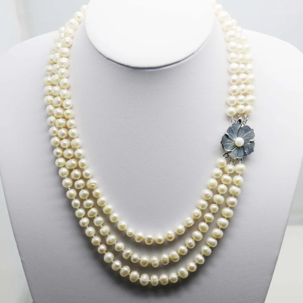 Модное популярное ожерелье с натуральным белым жемчугом 3 ряда цепочка на шею