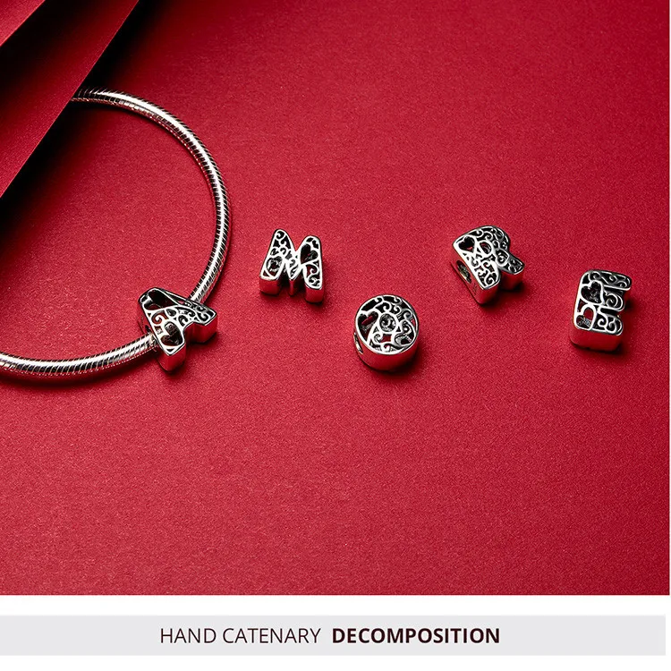 Подходит для браслетов Pandora,, 925 пробы, серебро, 26 букв, английские буквы, бусины S295, сердце, 26 букв, подвески, сделай сам
