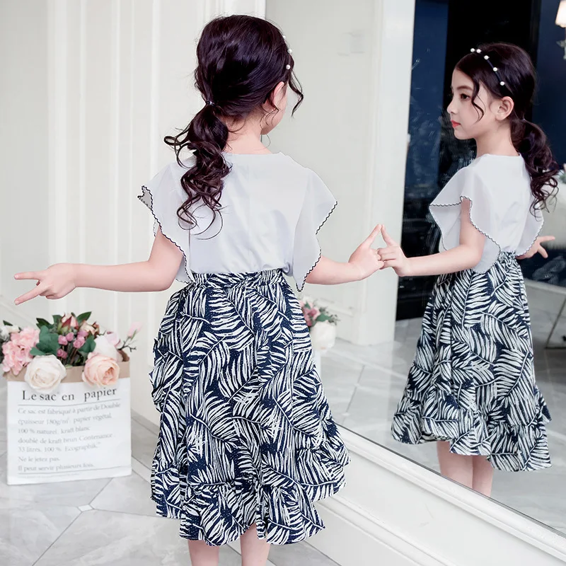 Детская летняя одежда для девочек Футболка с рукавами-крылышками и юбка