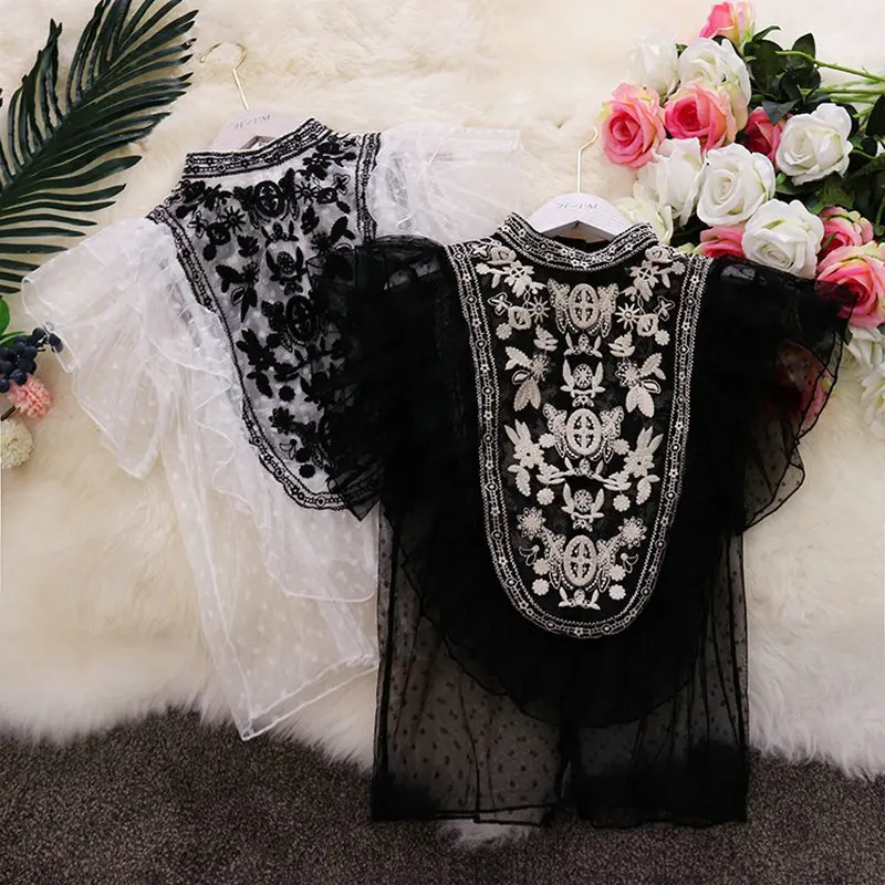 

Летние новые женские кружевные блузки HISUMA с круглым вырезом и оборками, рубашка, женские элегантные трафаретные вышитые марлевые милые тон...