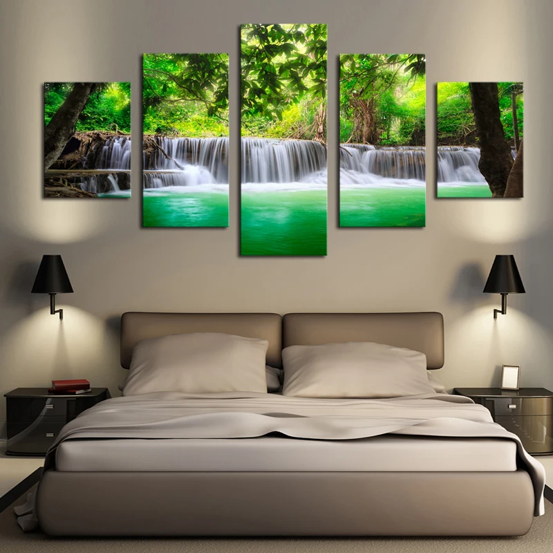 

Unframed 5 Panels Green Waterfall Scenery Canvas Print Painting Modern Canvas Wall Art for Wall Pcture Home Decor Artwork