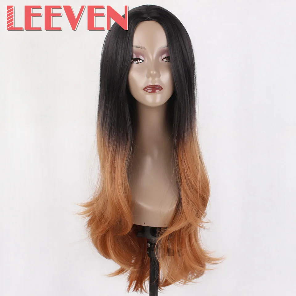 Leeven 26 ''синтетические волосы косплей парики прямой черный Омбре коричневый для женщин парик высокая температура Волокно Термостойкие - Цвет: T1B/33