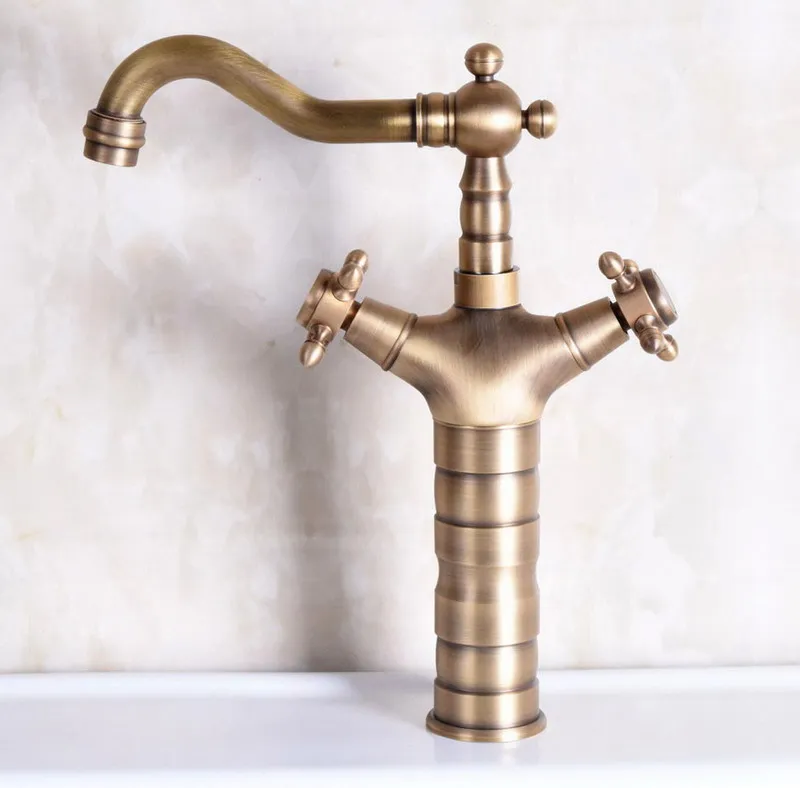 Винтажный античный латунный Смеситель для раковины в стиле ретро с двойными