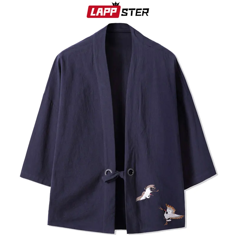 

LAPPSTER Streetwear Kimono Cardigan Summer Tops For Men 2022 Crane Embroidery Casual Shirts Male Harajuku Vintage Clothing 5XL