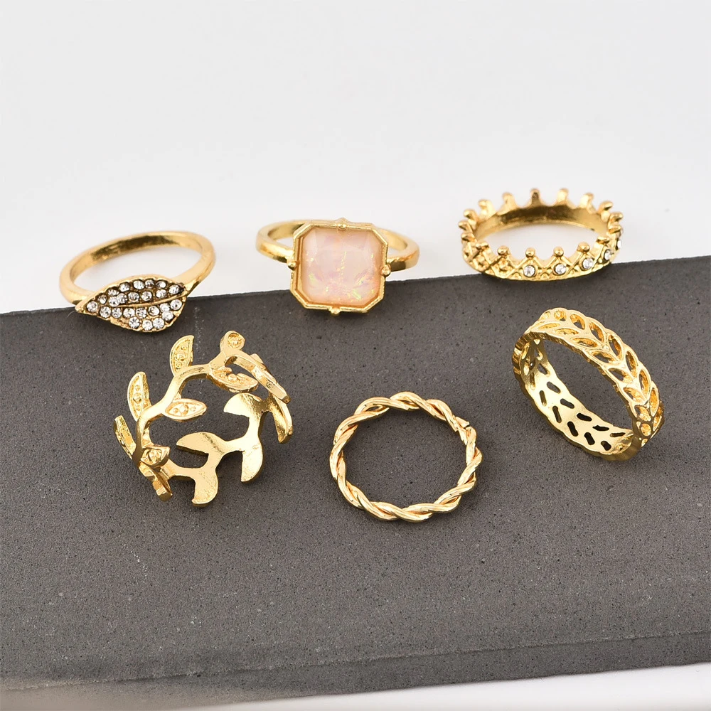 Crystal Leaf White Stone Crown Rope shape Finger Ring For Women New Vintage Gold Knuckle Rings Sets Female Fashion Jewelry | Украшения и
