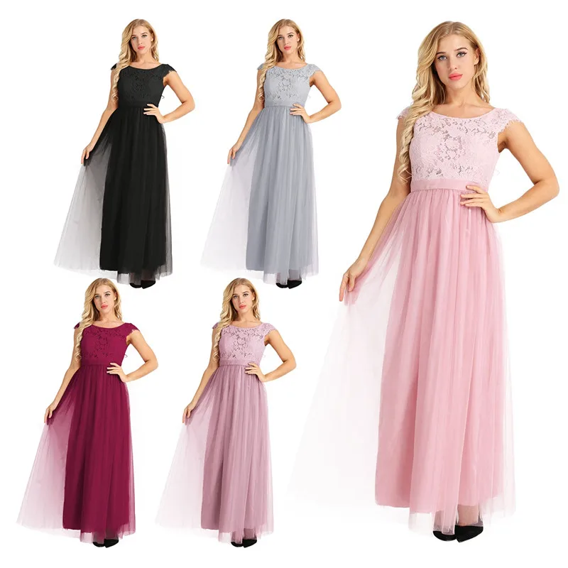 Женское длинное вечернее платье из тюля с рукавом-крылышком для подружки невесты