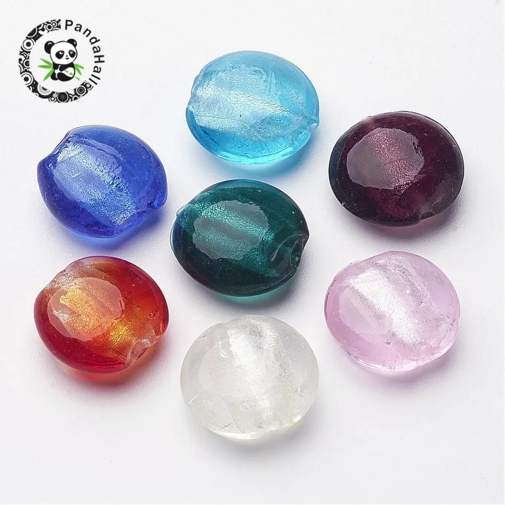 

Handmade Foil Glass Beads Flat Round Mixed Color of random, about 20mm in diameter, 10mm thick, hole: 2mm