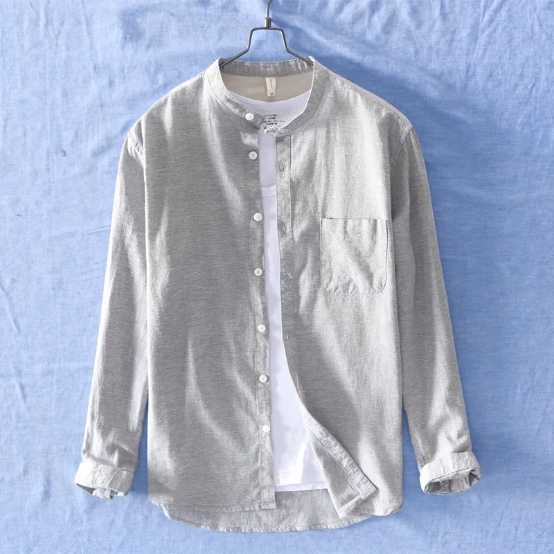 Мужская льняная хлопковая рубашка с воротником стойкой и длинным рукавом