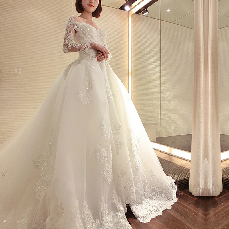 2017 новые роскошные свадебные платья с длинным рукавом и шлейфом великолепное