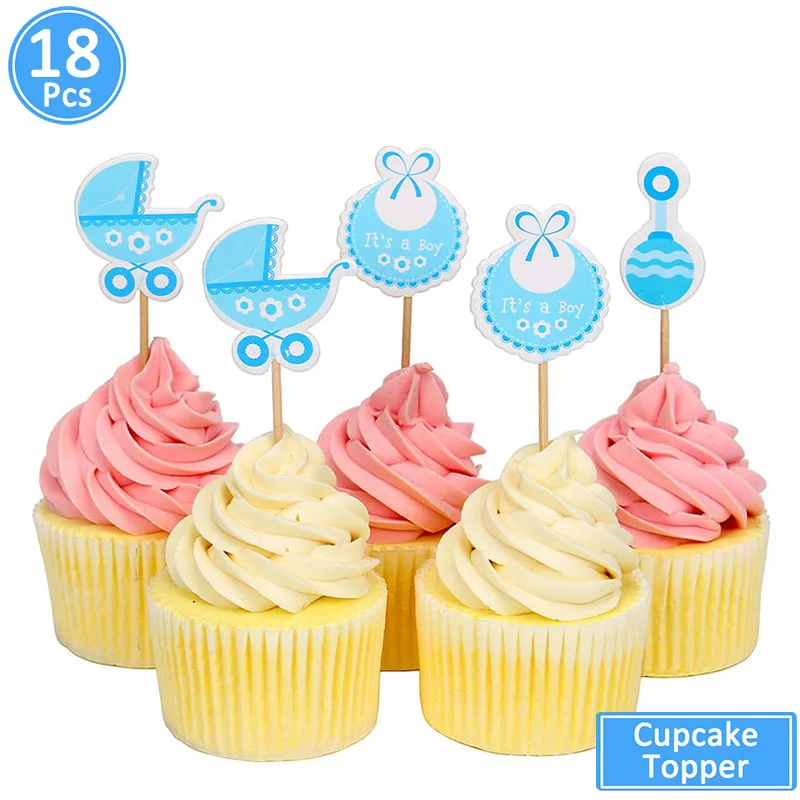 18 шт. синие розовые украшения для кексов Babyshower для мальчиков и девочек вечерние украшения для вечеринки в честь рождения мальчика товары для дня рождения - Цвет: 18pcs blue toppers