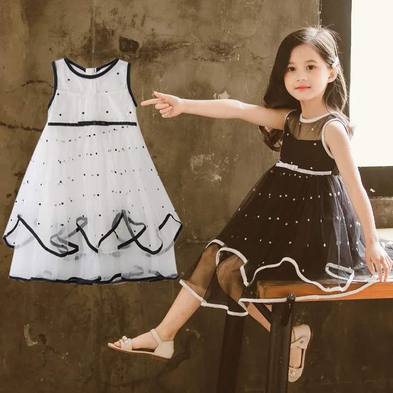 black vintage gown age for 3 - 12 yrs little girls ruffle lace tulle dot long dress princess prom summer kids sleeveless frocks | Детская