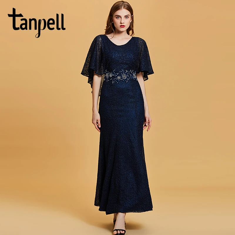 Женское вечернее платье с вышивкой Tanpell темно синее до пола коротким рукавом и