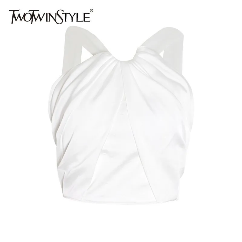 TWOTWINSTYLE летняя Милая футболка с лямкой на шее для женщин без рукавов открытыми