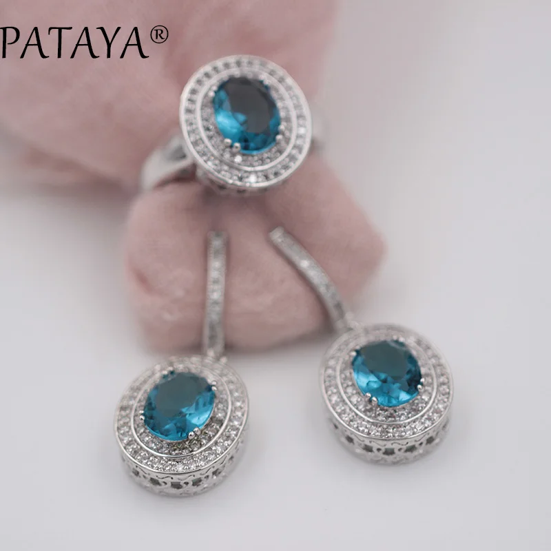 light blue PATAYA модный мистический ювелирный набор из настоящего белого золота, брендовый винтажный Свадебный прекрасный натуральный циркон, Свадебный костюм, серьги, набор колец - Окраска металла: light blue