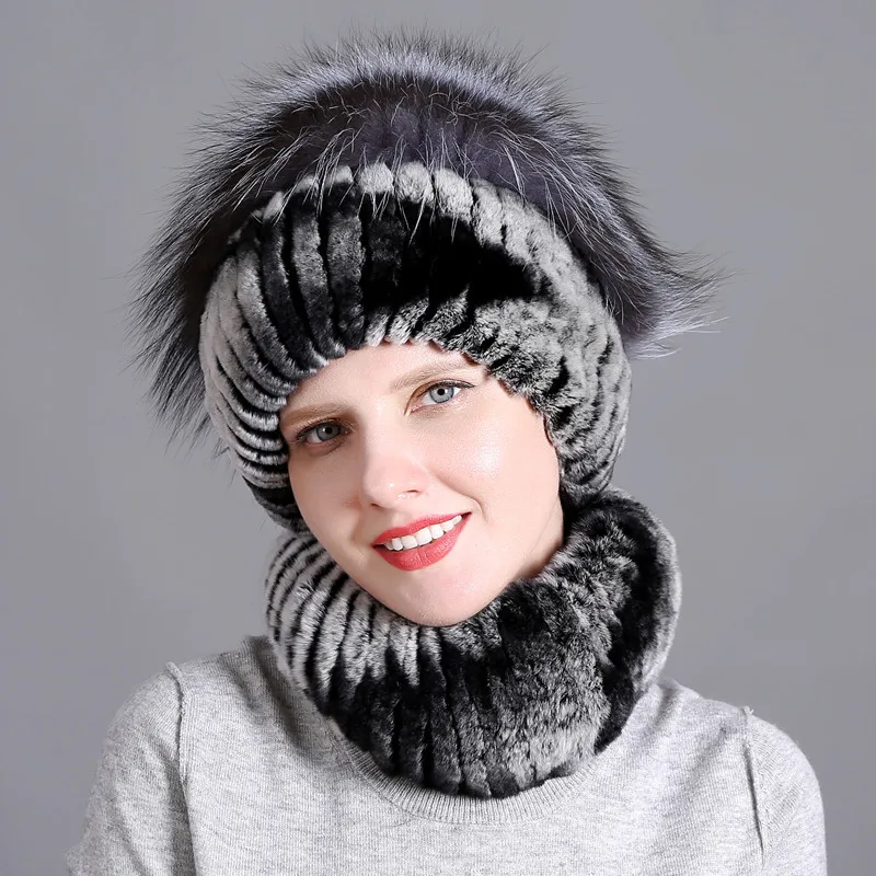 DUOUPA Women fur hat scarf set for winter natural rex rabbit fur scarf and hat solid color brand new street shoot hat and scarf - Цвет: E