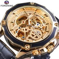 forsining mens watches mechanical wristwatch golden skeleton dial steampunk waterproof sport watches black genuine leather