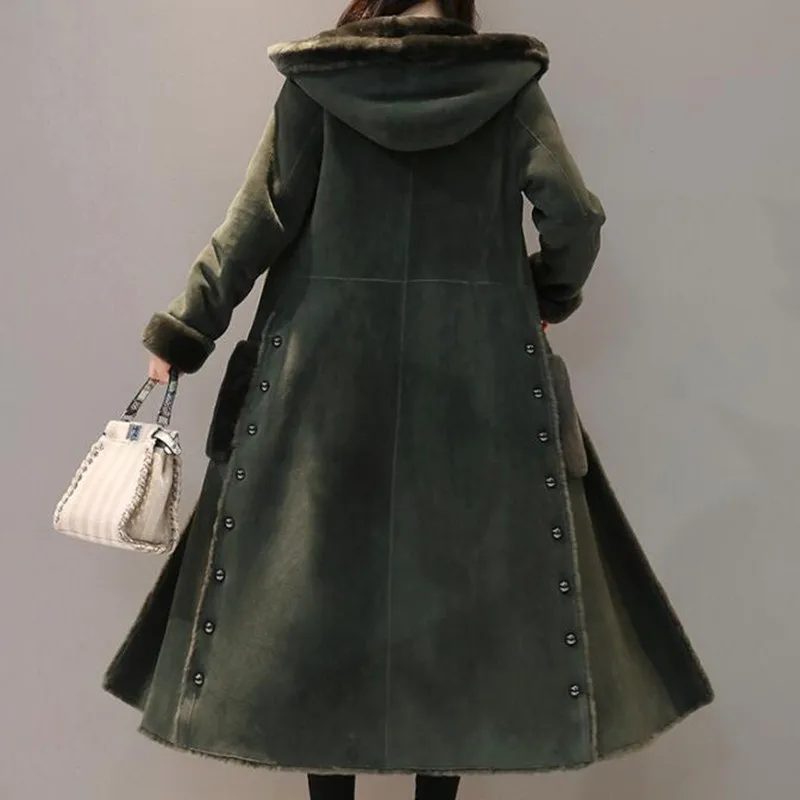 2018 spring winter military jackets woman side split thermal thicken flocking maxi long suede jacket coat with a hood | Женская одежда