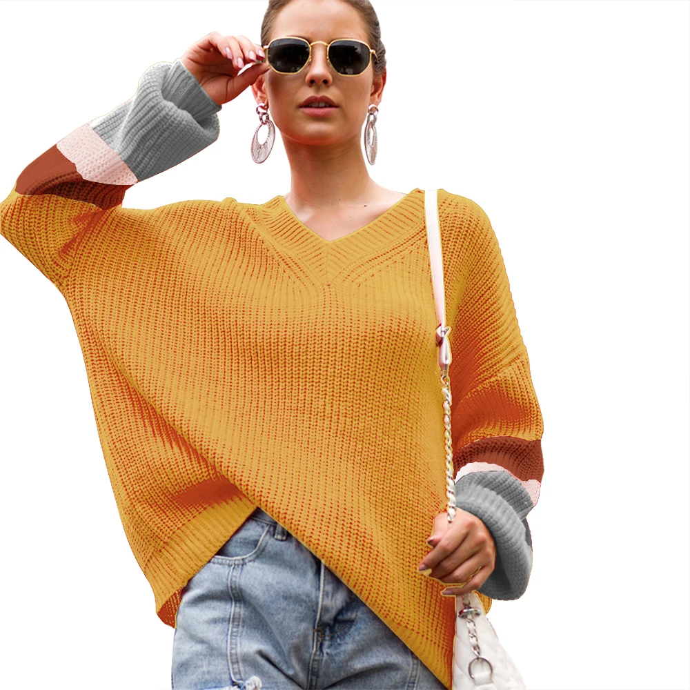 Adogirl Vintage Striped Patchwork V Neck Women Sweaters Pullovers Loose Knitted Autumn Winter Female Clothing Casual | Женская одежда