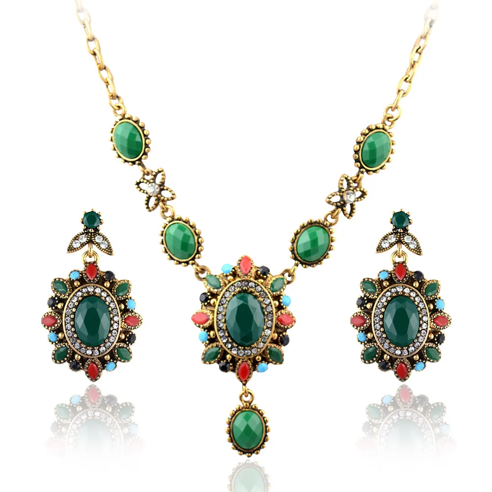 Новое модное ретро индийское зеленое ожерелье с кристаллом в форме цветка Серьги