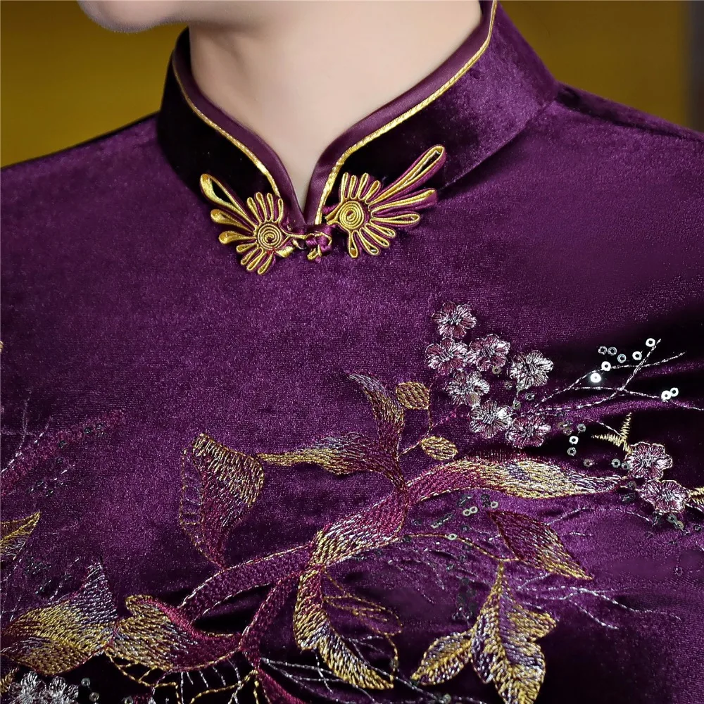 Шанхай история осень Бархат Qipao Цветочная вышивка китайское традиционное платье