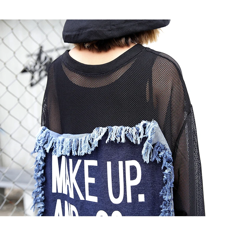 VGH 2018 New Summer Female T shirts For Women Top Long Sleeve Black Back Denim Split Joint Tassels Big Size shirt Fashion Tide | Женская