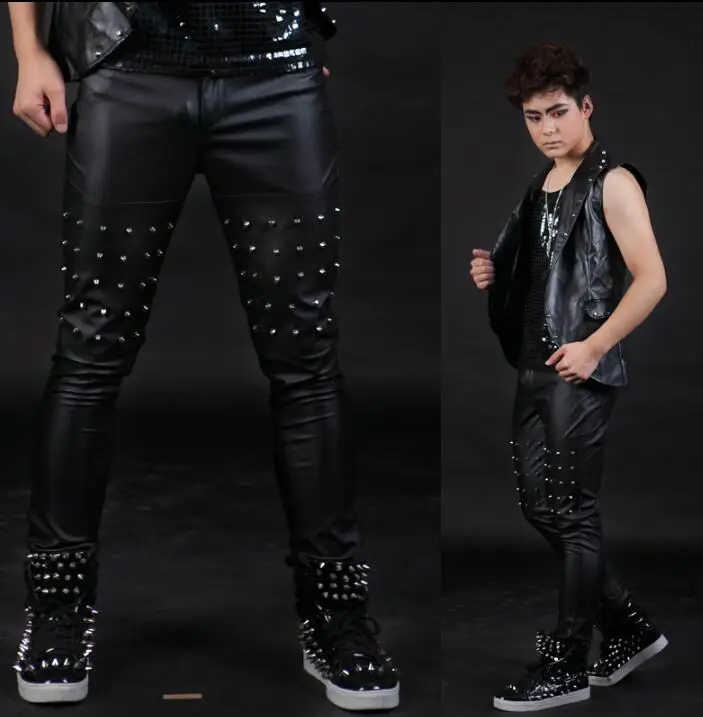 

Stage personality men rivet leather pants harem pant men feet trousers singer dance rock fashion pantalon homme street novelty