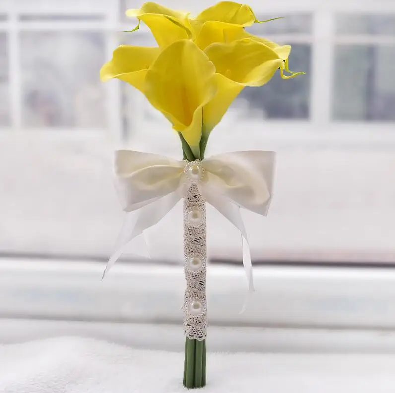 Yellow 6pcs Красивый полиуретан на ощупь как настоящий искусственный 6-30 шт желтая белая Калла Лилия подружки невесты цветок девушка Keepsake палочка Свадебный букет невесты - Цвет: Yellow 6pcs