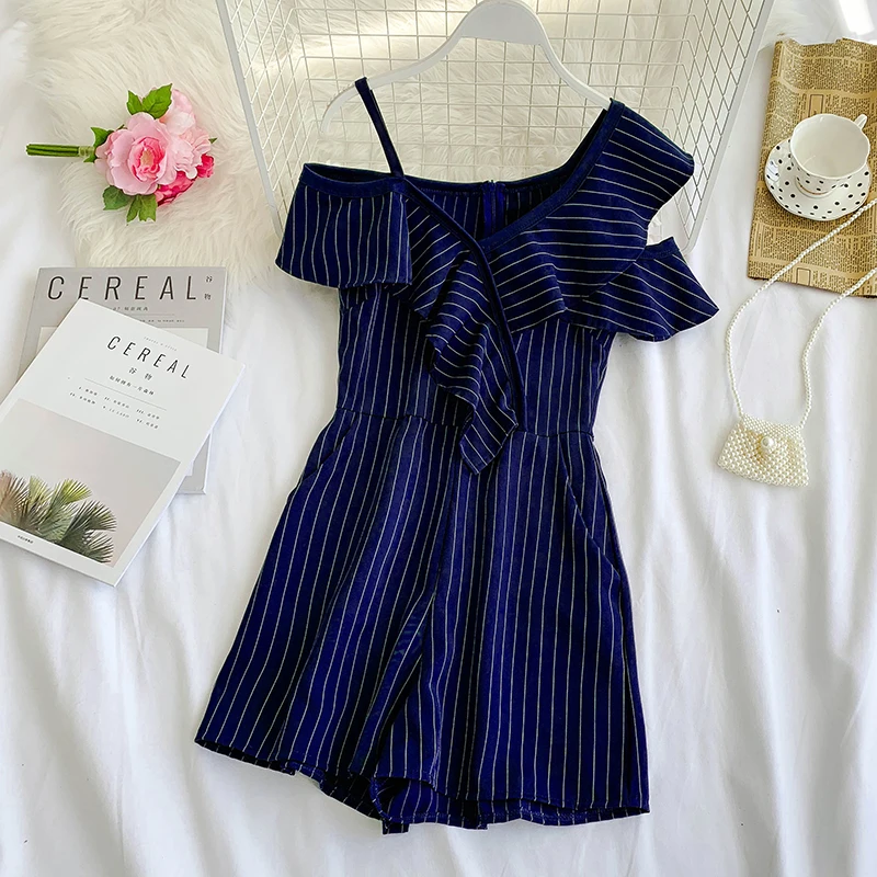 Women's summer sexy one shoulder stripe Playsuits Lady's Vintage high waist Wide leg shorts beach vacation Jumpsuits TB1057 | Женская